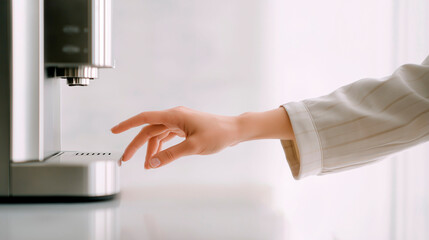 Female hand reaching to press button on modern coffee machine in soft morning light, minimal kitchen scene with neutral tones