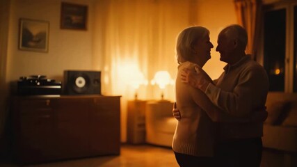 An elderly couple dances closely in a warmly lit living room. The man has gray hair and a beard, while the woman has short gray hair. A record player is visible in the background. - Powered by Adobe