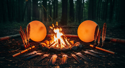 A campfire with drums flutes and feathers arranged in a circle in a dark forest setting at night ai genrated