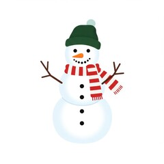 Friendly Snowman in Green Hat and Red Scarf