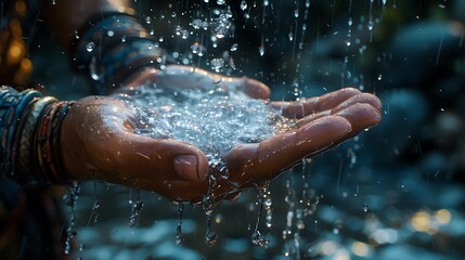 Pairs of hand cupping the water, partially submerged in clear blue water