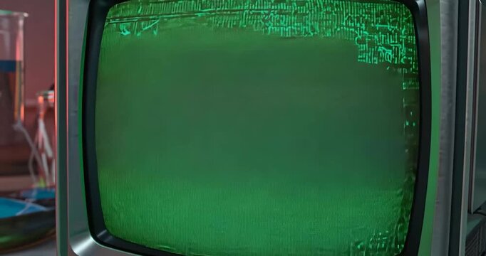 Vintage tv static display on retro laboratory table