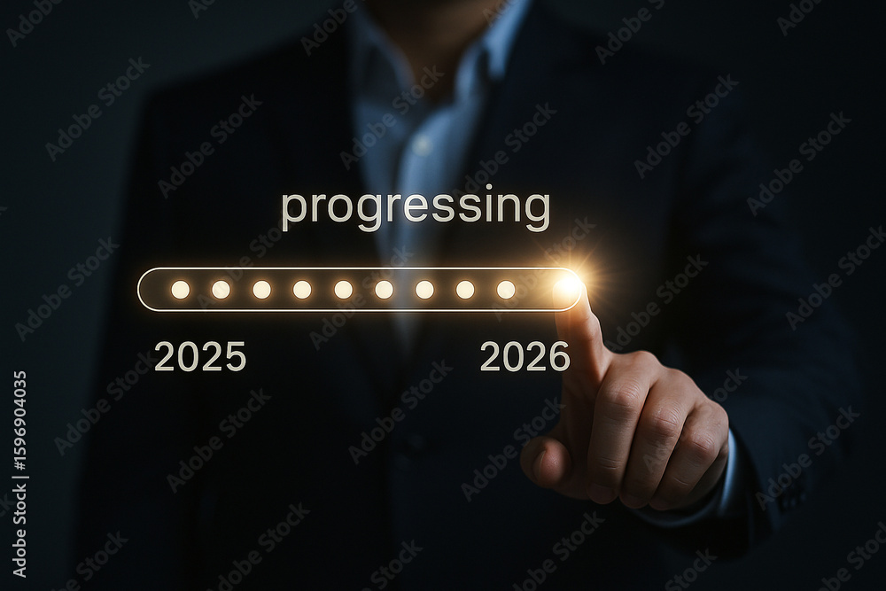 Poster progressing towards success concept with loading bar from year to year business achievement planning