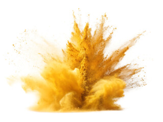 A vibrant explosion of golden yellow powder against a stark black background creating a dynamic effect