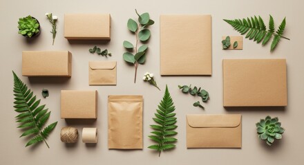 Flat lay of assorted kraft paper packaging with botanical accents for branding mockups