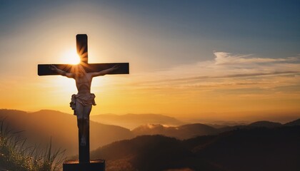 silhouette jesus christ crucifix on cross on calvary sunset background concept for good friday he is risen in easter day good friday jesus death on crucifix world christian and holy spirit religious