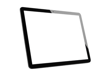 Sleek dark modern tablet with blank white screen, slightly high angle on a seamless transparent studio background with diffuse lighting, no shadows. Concept for product advertising