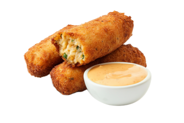 Crispy fried croquettes with dipping sauce close-up view