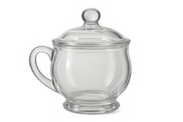 Glass mug with lid, metallic handle, spherical finial, resting on translucent checkered surface, ready for digital design placement