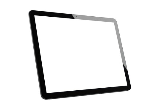 Sleek dark modern tablet with blank white screen, slightly high angle on a seamless transparent studio background with diffuse lighting, no shadows. Concept for product advertising