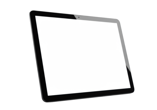 Sleek dark modern tablet with blank white screen, slightly high angle on a seamless transparent studio background with diffuse lighting, no shadows. Concept for product advertising