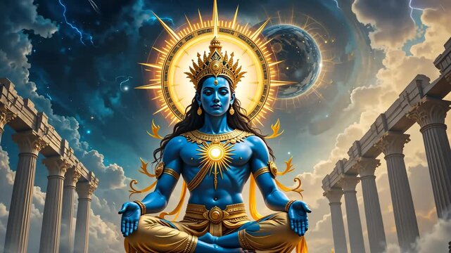 Hindu blue-skinned deity with glowing halo and cosmic background surrounded by golden light. Concept of divine power and spirituality