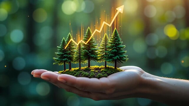 Miniature trees with growing financial graph in human hand on green blurred background. Concept of eco investment and financial growth
