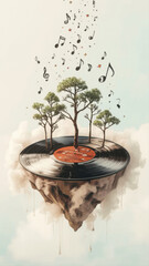 Vinyl record floating island playing music with trees growing on it