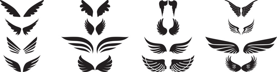 Obraz premium Black Wing Silhouette Vector Icon Set – Angel Wing Design Collection on Transparent Background