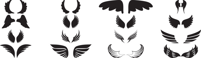Black Wing Silhouette Vector Icon Set – Angel Wing Design Collection on Transparent Background
