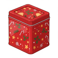 Red Christmas Tin Box with Candy Canes and Stars