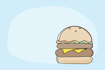 Line Art Burger Sandwich Sketch Illustration. One Continuous Outline Wavy Contour Drawing. Stroke Modern Doodle Food Symbol Icon. Cafe Menu Card Invitation Sketch Contour Design Element