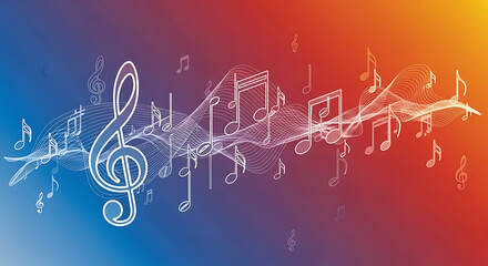 White musical notes and clef symbols on a gradient blue to red background with flowing white lines ai genrated