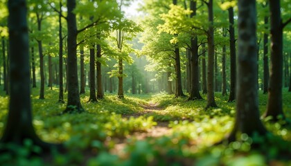 Obraz premium Sunlight pouring through a lush forest, ideal for wellness, outdoor, and nature-focused projects. 