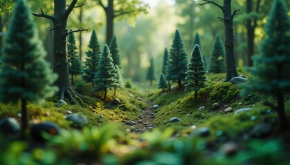 A miniature forest with lush greenery and moss-covered ground. Perfect for fantasy, nature, and eco-friendly promotions.
