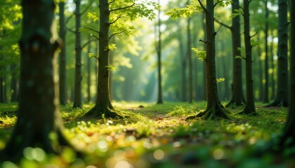 Lush green forest scene captured in tilt shift, great for relaxation, eco-tourism, and wellness marketing.

