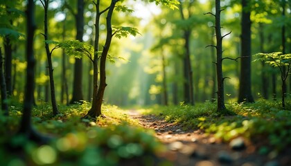 Enchanted forest with sunlight and lush vegetation. Perfect for wellness, nature, and eco-tourism campaigns.
