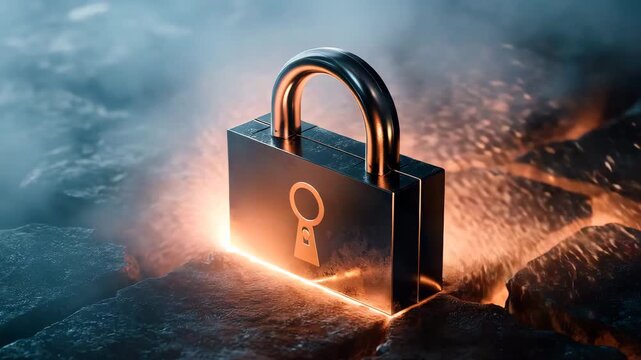 Metal padlock glowing with fiery light and smoke cracked dark stone surface, symbolizing security, protection, and lock safety with metallic texture