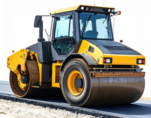 Heavy yellow construction road roller machine compacting asphalt on a road isolated on transparent background