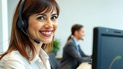 Smiling young Hispanic woman with long brown hair wearing a headset in a modern office. Colleagues are visible in the background, engaged in conversation. - Powered by Adobe