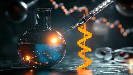 Genetic research laboratory with syringe injecting glowing DNA strand into flask, advancing biotechnology, science, and medicine innovation concepts - Powered by Adobe