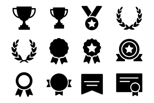 Silhouette icons of trophies, medals, and awards for achievement and recognition