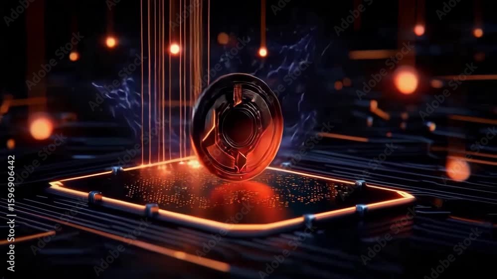 Poster futuristic digital microchip glowing with orange circuits and data streams on electronic circuit boa