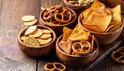 salty snacks pretzels chips crackers in wooden bowls