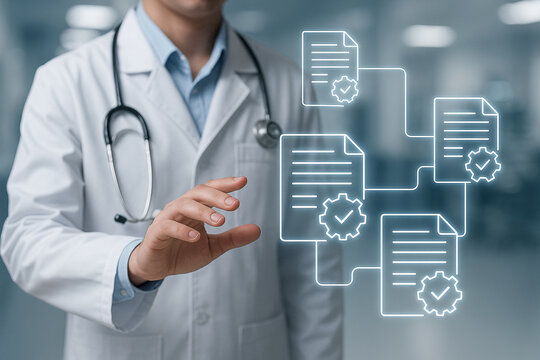 Doctor managing medical records and healthcare data using digital document management system online now - Powered by Adobe