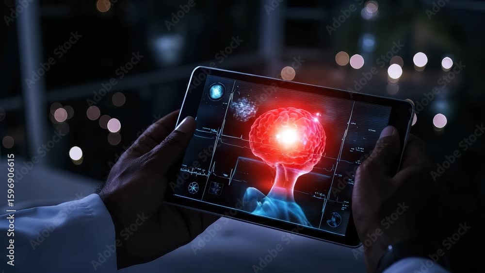 Poster futuristic digital tablet displaying glowing brain scan with advanced medical technology and healthc