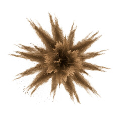 Energetic brown powder explosion with distinct micro-particles scattering, frozen in time against a transparent studio background, ultra-realistic high-speed photography, concept of controlled chaos