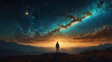 Fototapeta premium Romantic couple on a hill at sunset, silhouetted against an orange sky with an alien planet looming over a distant mountain landscape