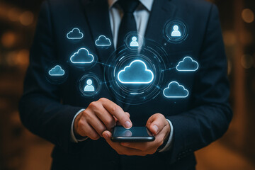 Cloud computing technology businessman using mobile phone for data storage and security online access