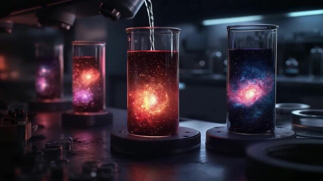 Colorful galaxy glowing inside laboratory glass beaker with vibrant cosmic nebula and stars, futuristic science experiment showcasing glowing star