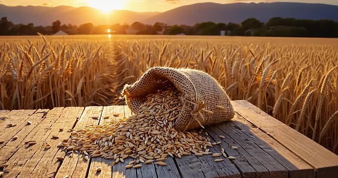 Wheat grains from sack on wooden table