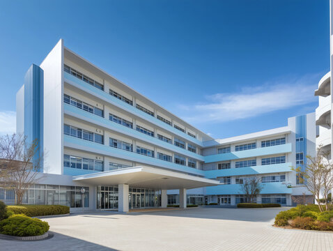 青空と近代的な校舎のある学校風景