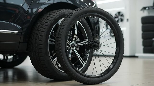 Car and Bicycle Tires in a Showroom with Automotive and Cycling Themes, Automotive Industry