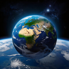 Naklejka premium Blue marble Earth, a radiant globe in the night sky, with continents illuminated by the sun, showcasing our planet's global sphere amidst a universe of stars