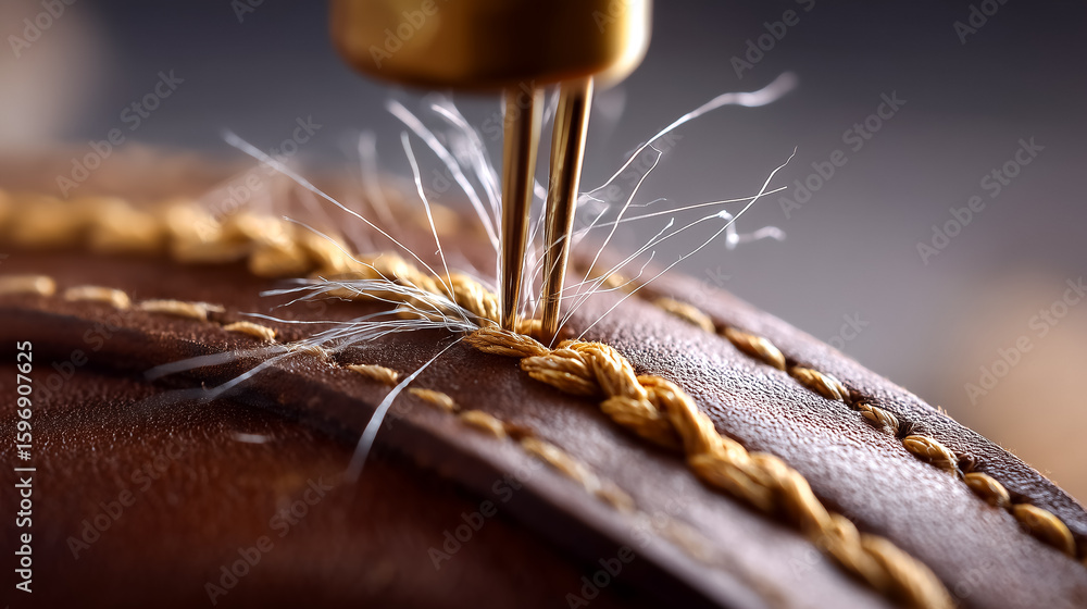 Poster needle punctures leather, pulling thread to form precise stitches on brown surface. close-up view hi
