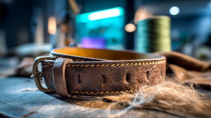 Leather belt is laid out on a workbench surrounded by sewing materials and tools. Warm lighting sets a cozy atmosphere in artisan workshop