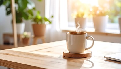 Sunny morning coffee on a wooden table