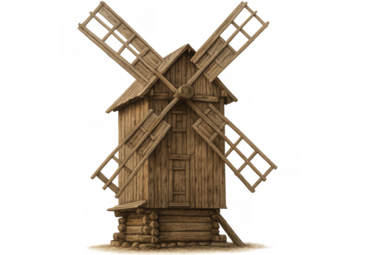 Wooden windmill spinning against transparent backdrop, representing agricultural heritage and renewable energy innovation