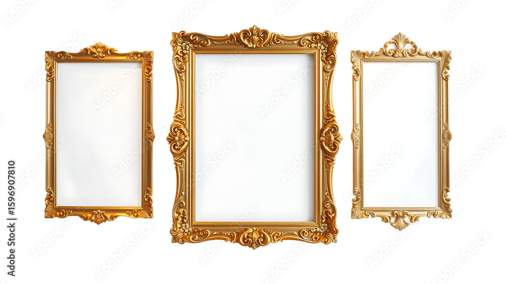 Poster elegant ornate gold frames display element set on transparent background isolated on white backgroun