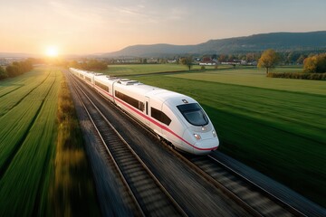Fototapeta premium Glide of progress aerial vista of high-speed train traversing farmlands at daybreak